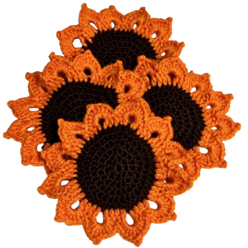 Sunflower Crochet Coasters - Orange and Brown -SET OF 4-